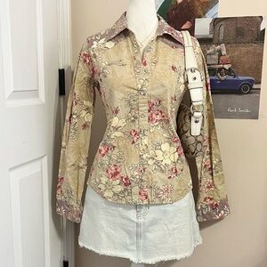 Boho Tan and Purple Floral Button-Up Blouse